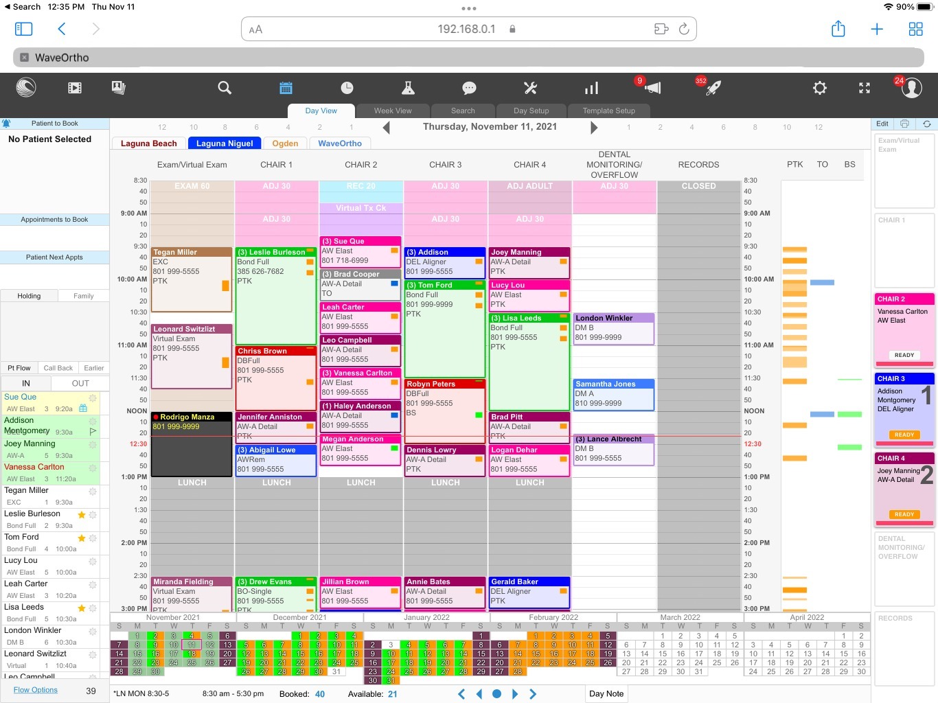 A screenshot of the WaveOrtho appointment book in a iPad tablet, Safari browser