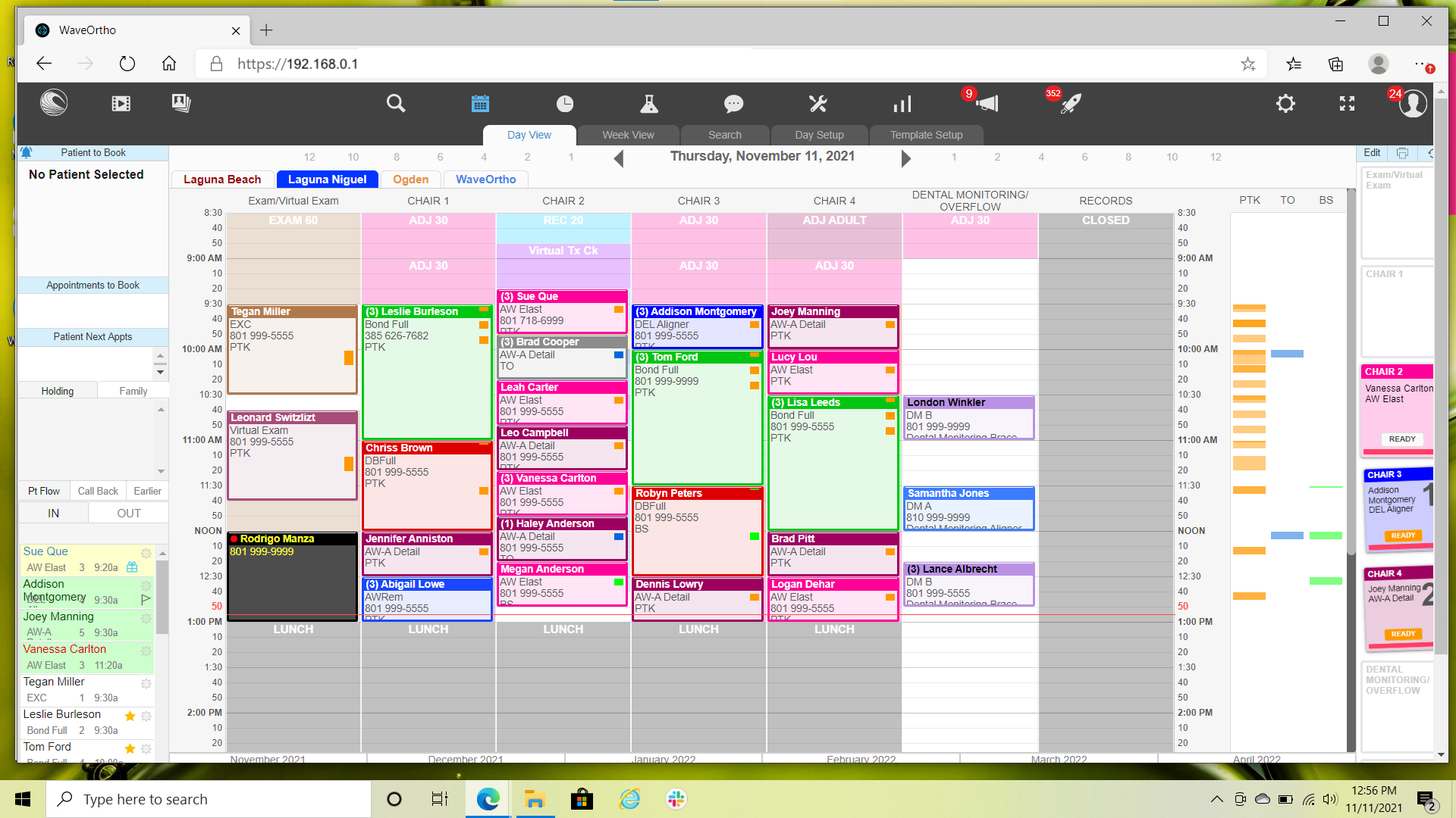 A Windows 10 screenshot of the WaveOrtho appointment book open in the Microsoft Edge browser