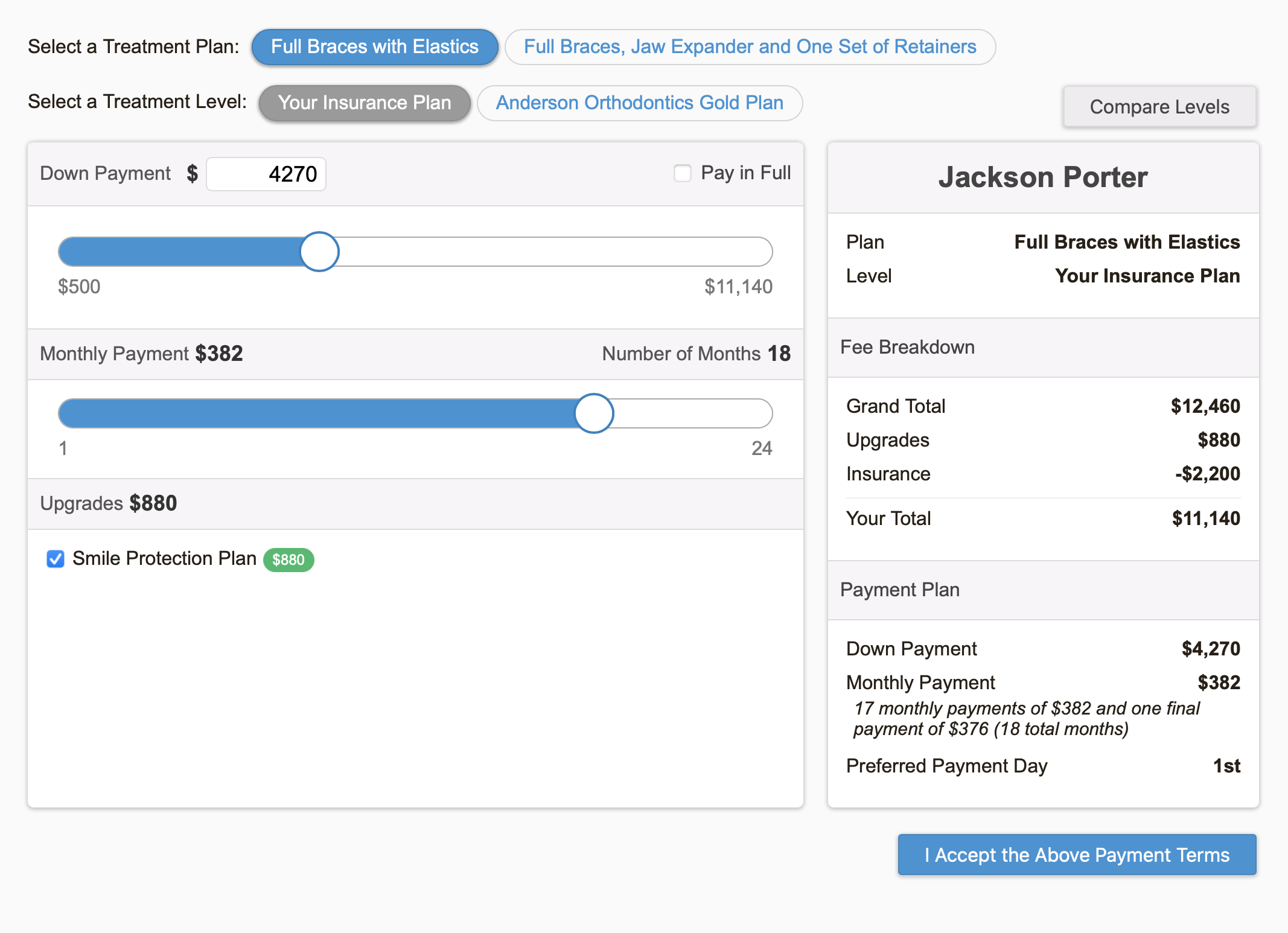 A screenshot of the WaveOrtho Case Closer, showing multiple packages and plans, along with a simplified UI, featuring multiple sliders for down and monthly payments, and a summary along the right